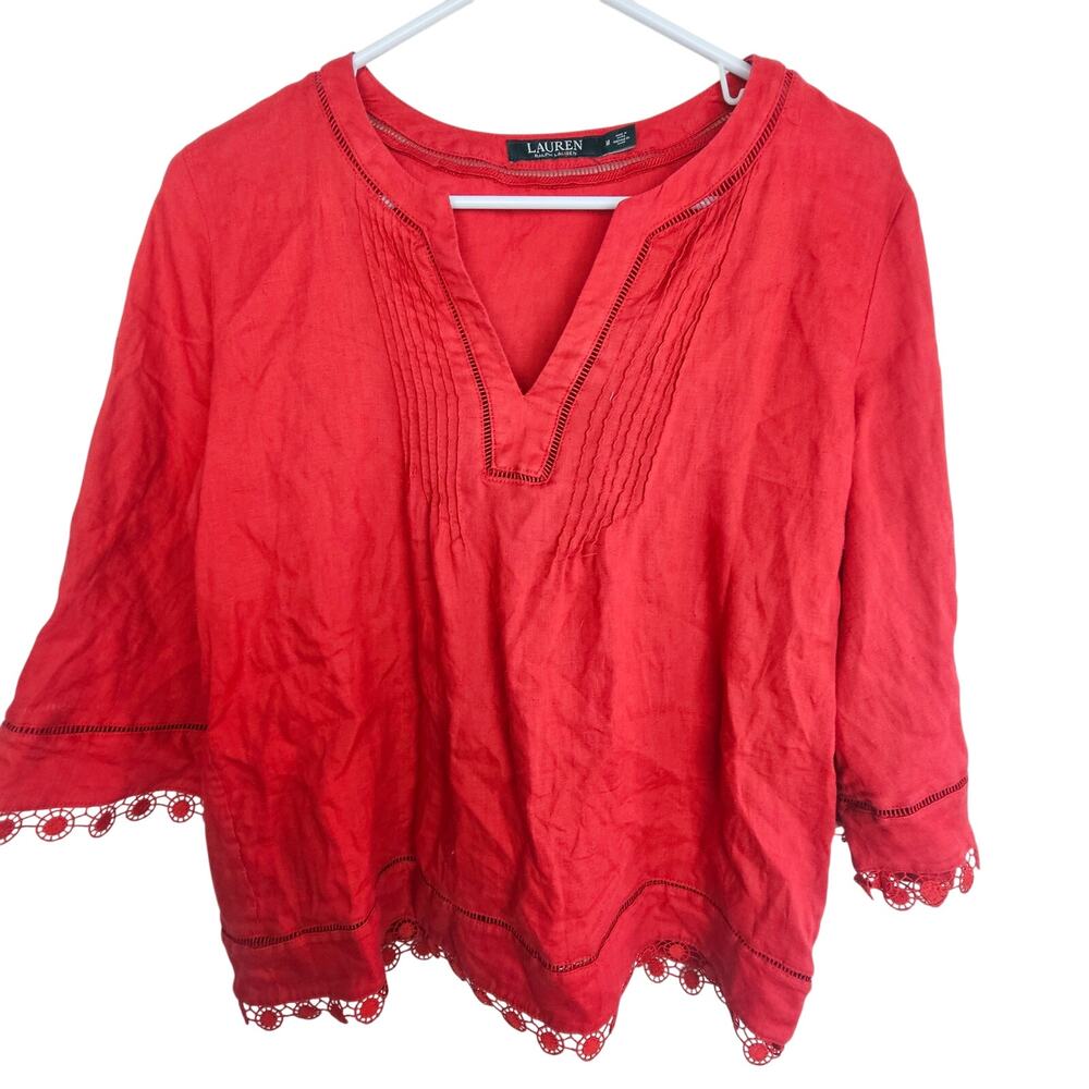 Lauren Ralph Lauren Womens Linen Eyelet Tunic Size M Classic Preppy Resortwear